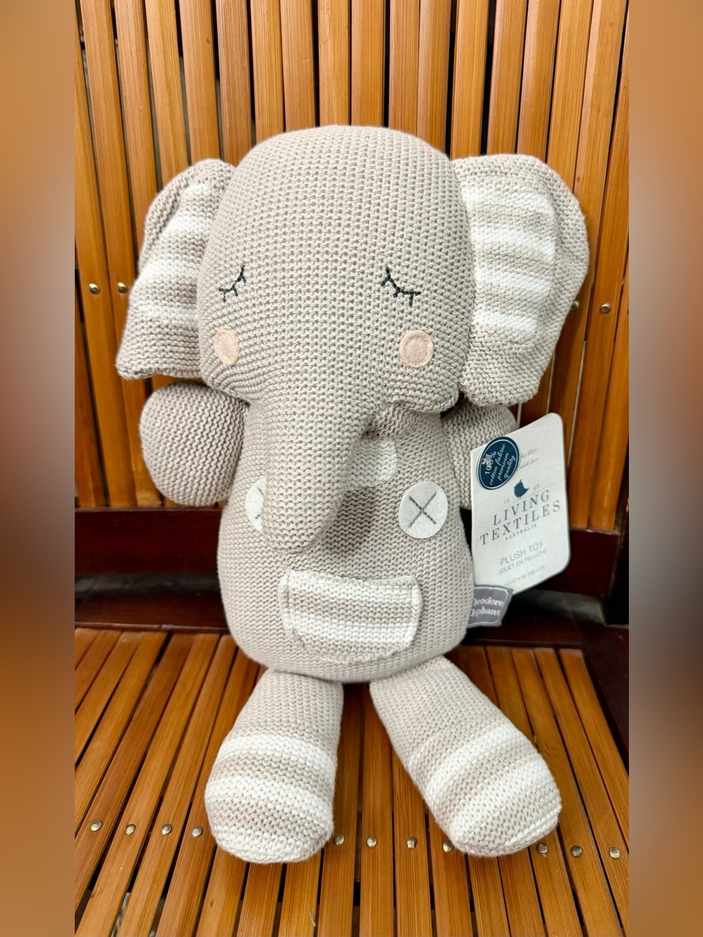 Living Textiles Knitted Elephant Plush Toy NWT Gray Baby Lovey Nursery Stuffed